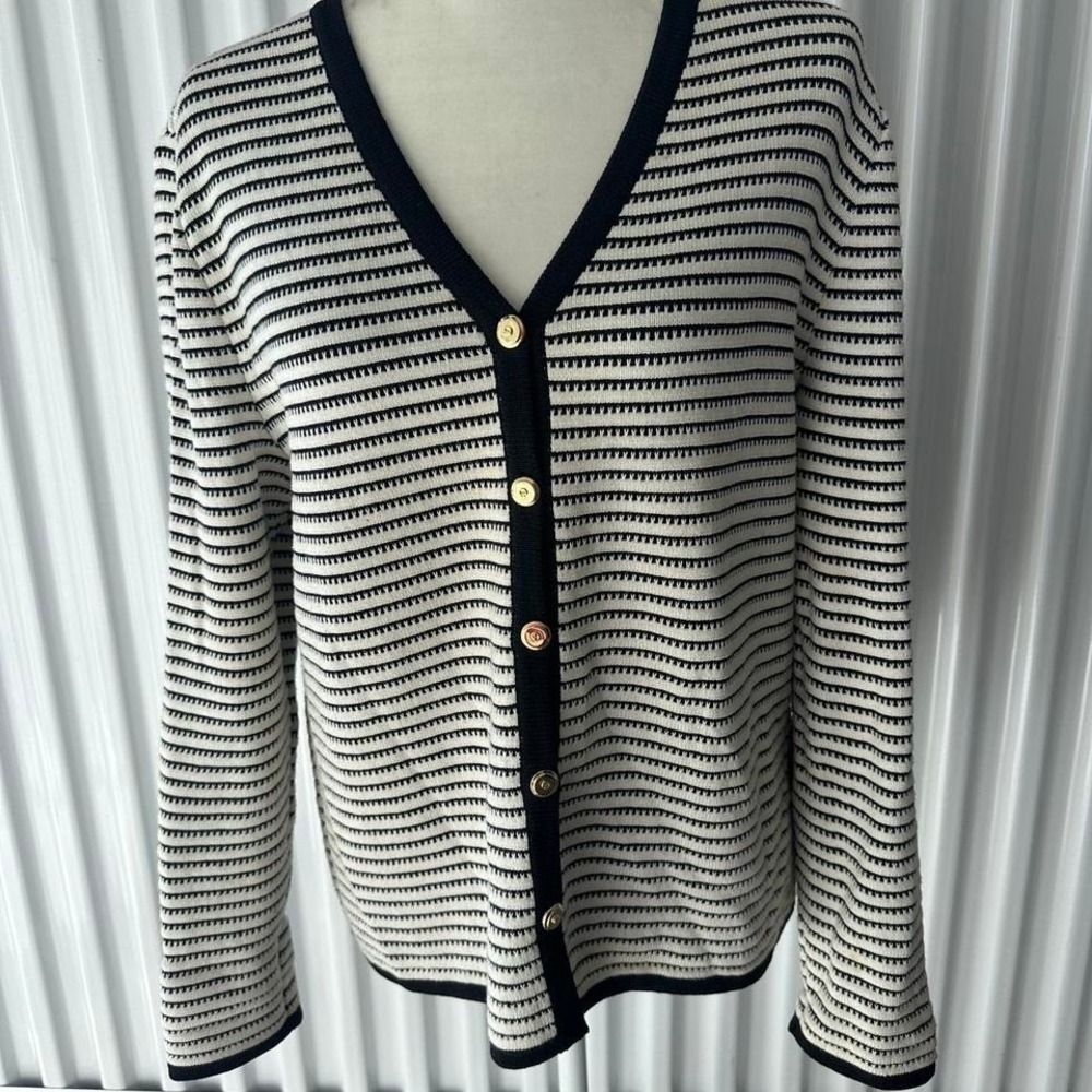Gorgeous St John Sport Knit Black & White Striped Cardigan - Size Large - Luxury
